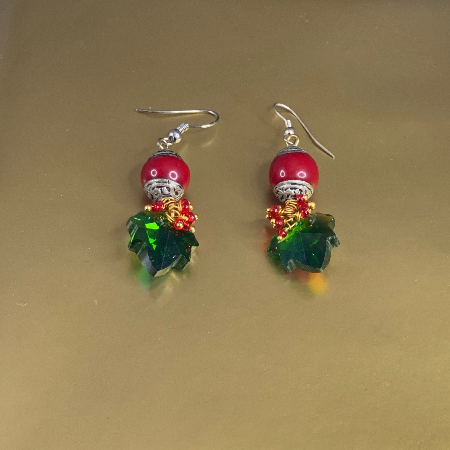 Red Jasper Resin and Crystal leaf Earrings
