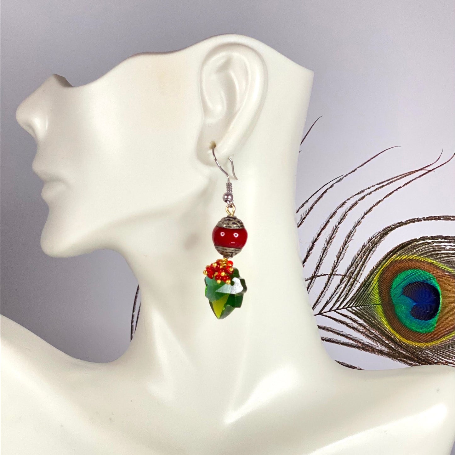 Red Jasper Resin and Crystal leaf Earrings