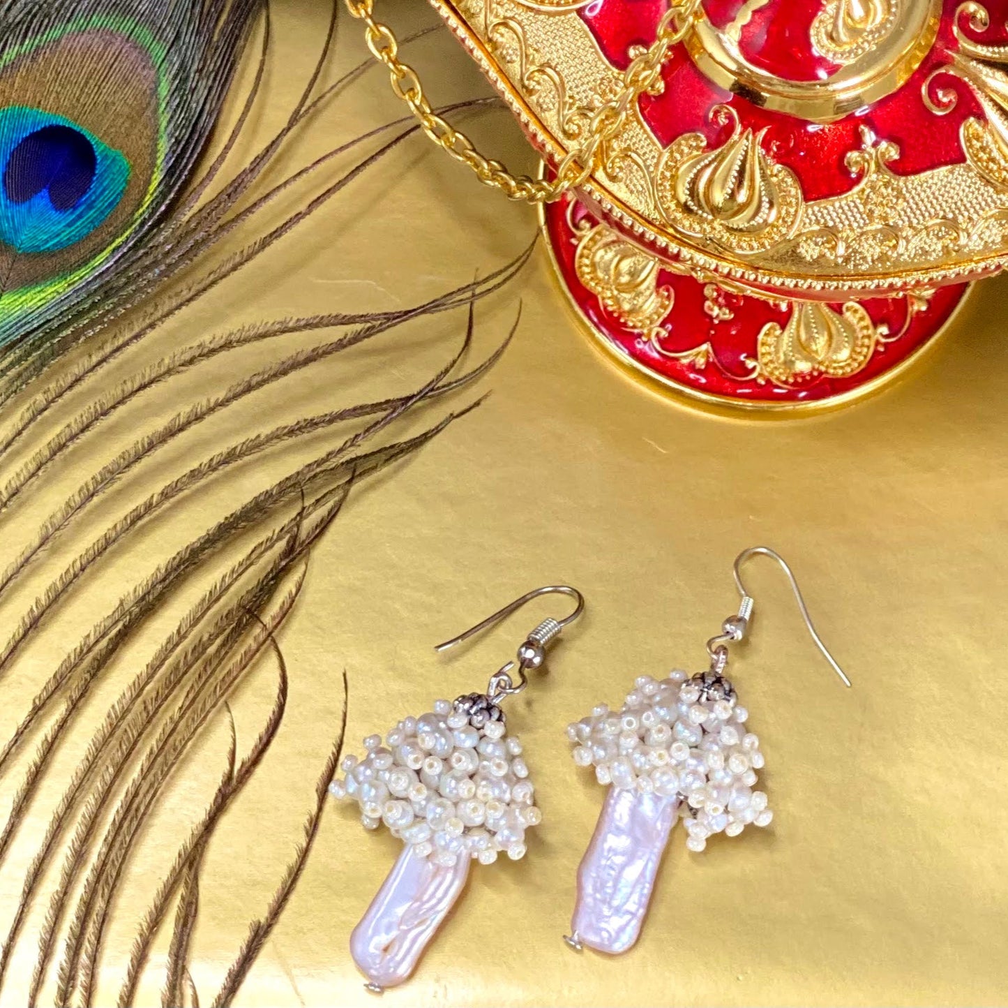Mushroom Keshi Pearl & Seed Pearl Earrings