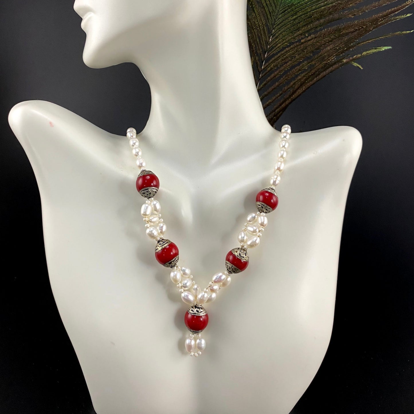 Tibetan Red Jasper and Pearl Necklace