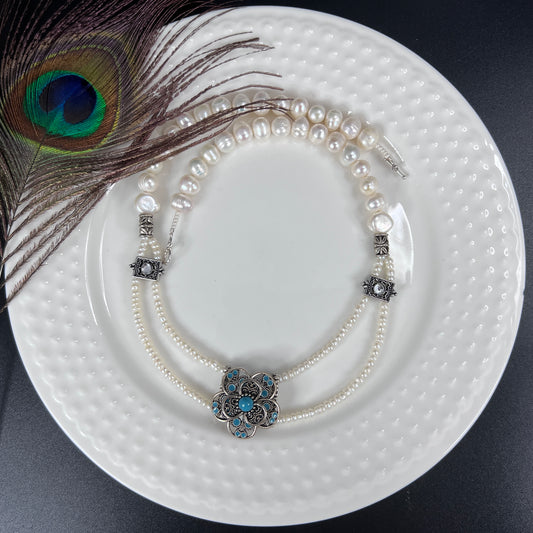 Seed Pearl and Pewter Flower Necklace