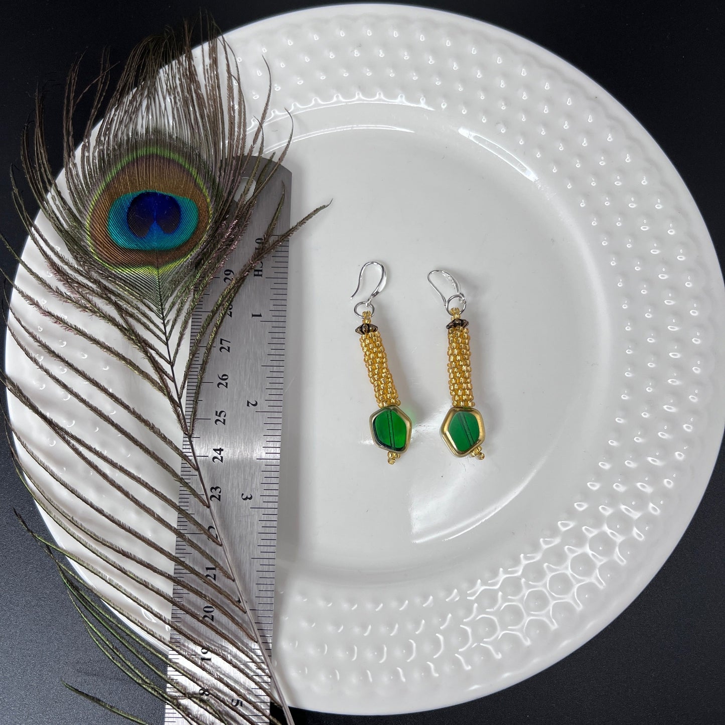 Gold & Green Cylinder Earrings