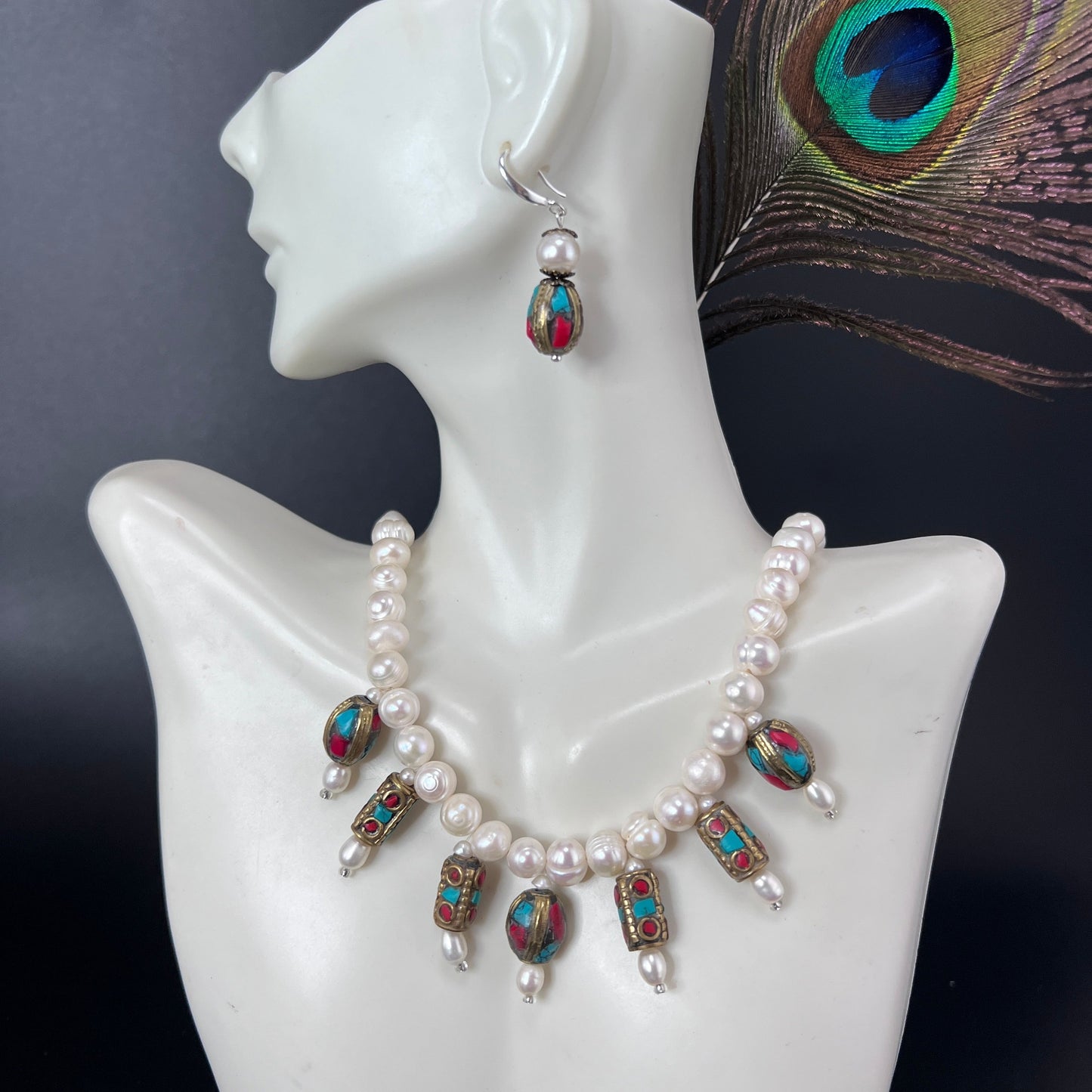 Pearl and Tibetan Beads Single Row Jewelry Set