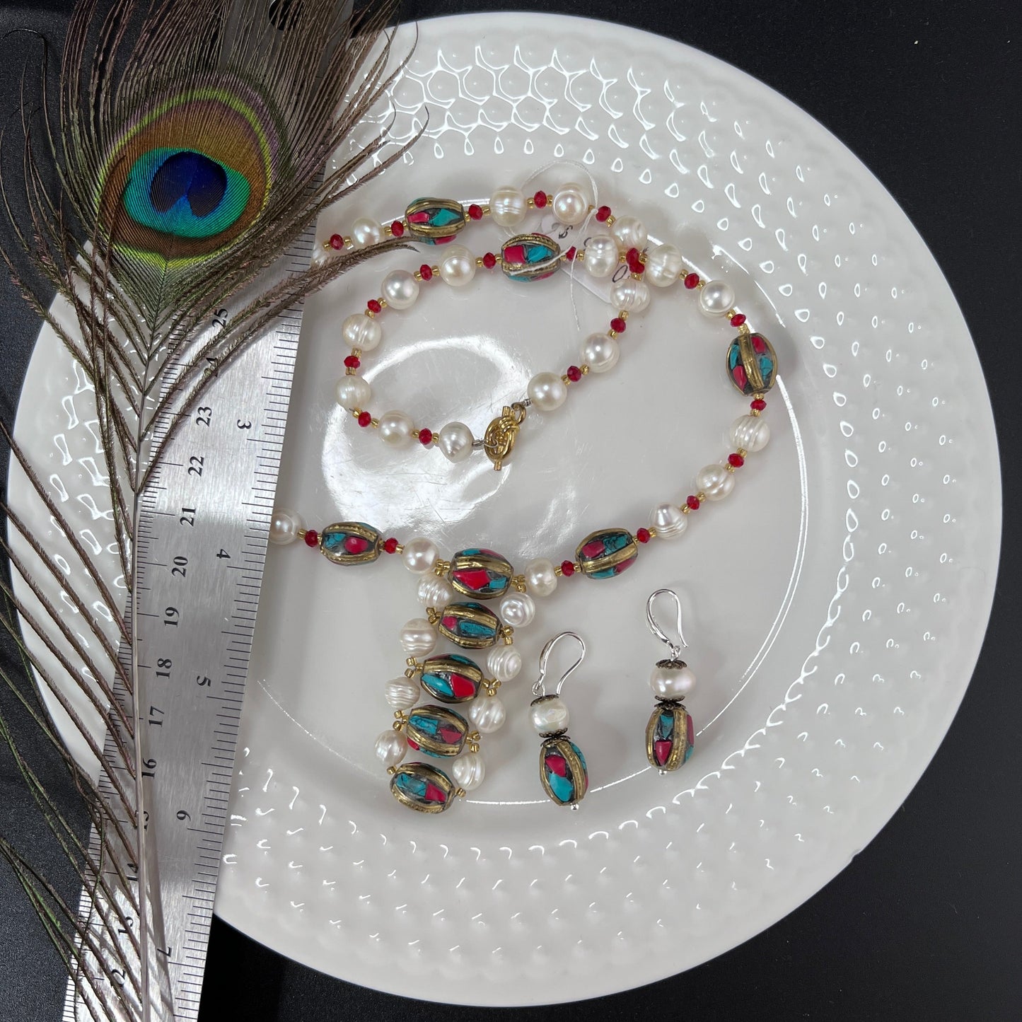 Pearl and Tibetan Beads Single Row Jewelry Set