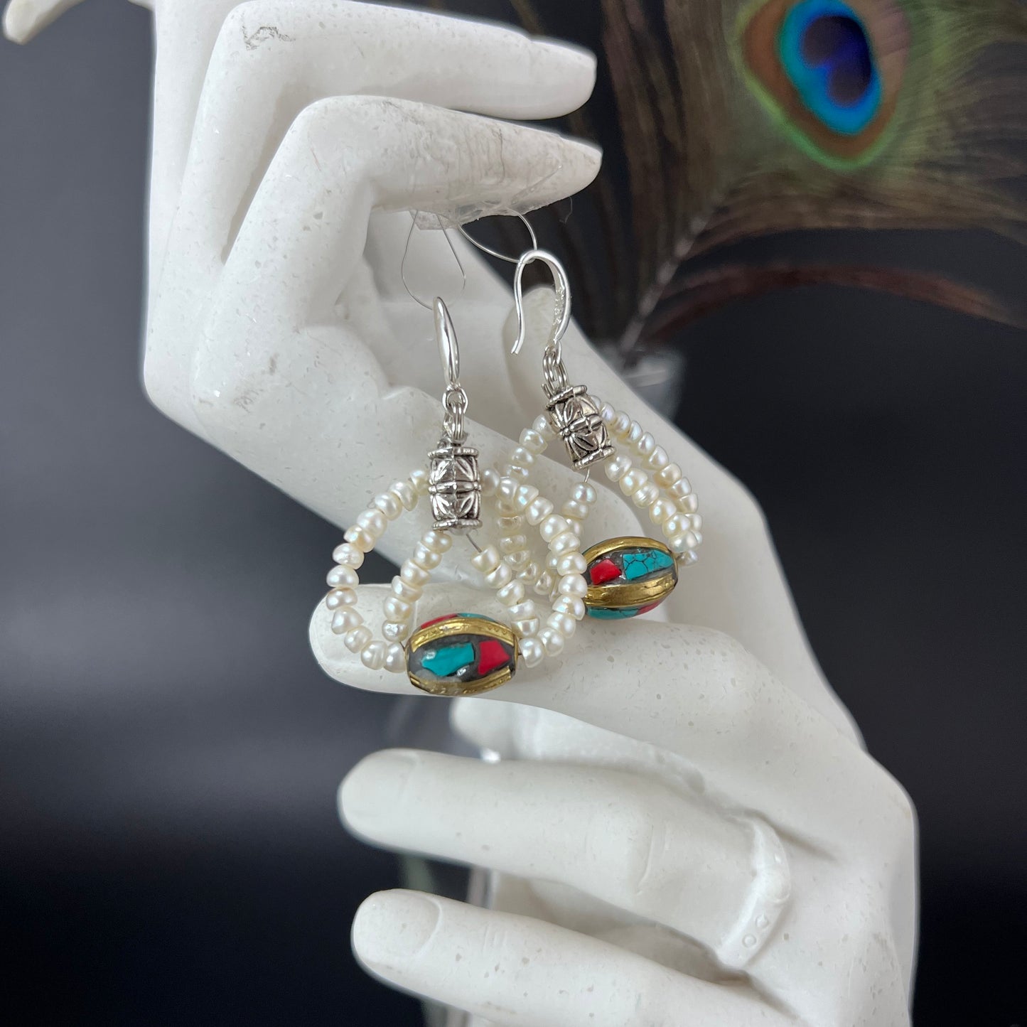Seed Pearl and Tibetan Earrings