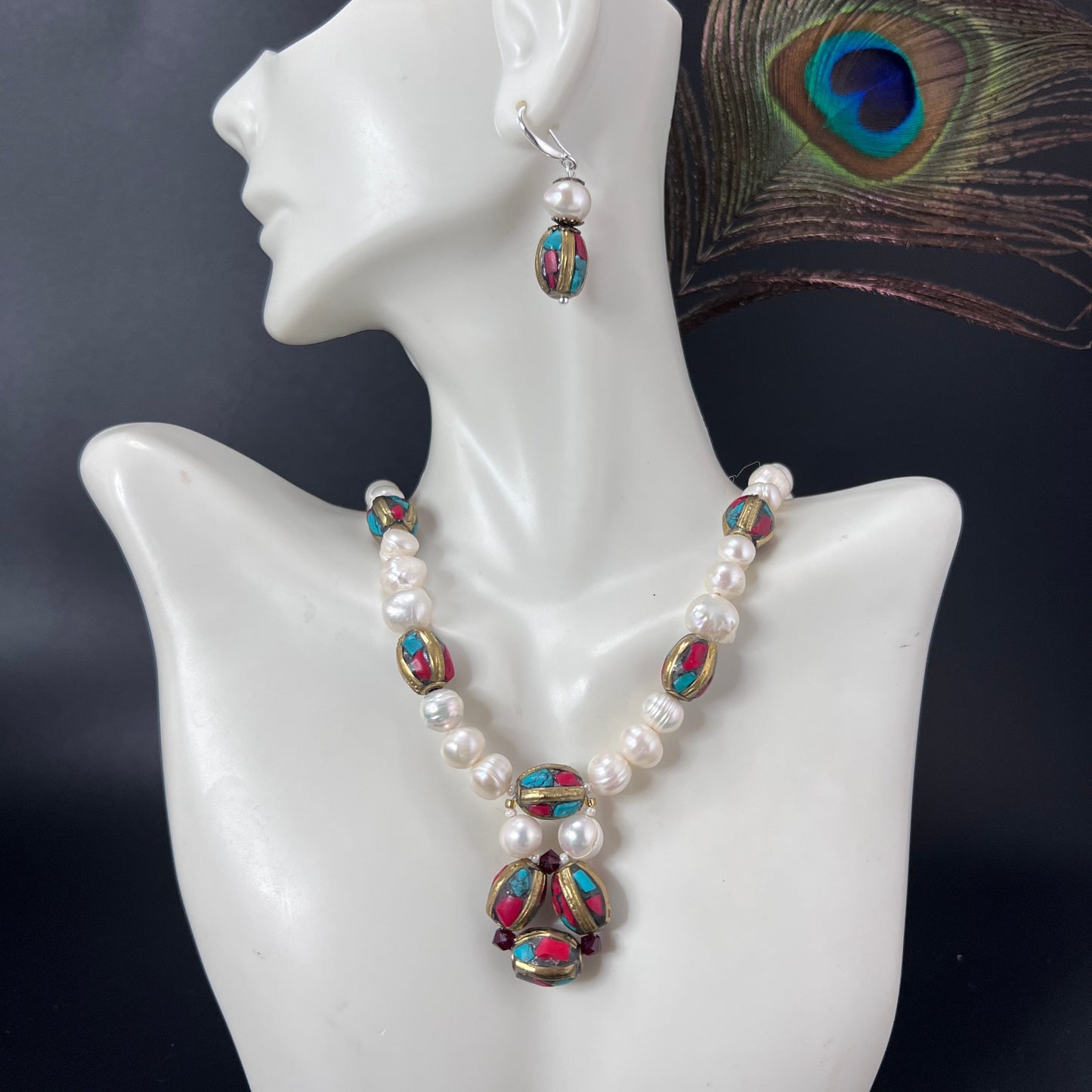 Pearl and Tibetan Beads Single Row Jewelry Set