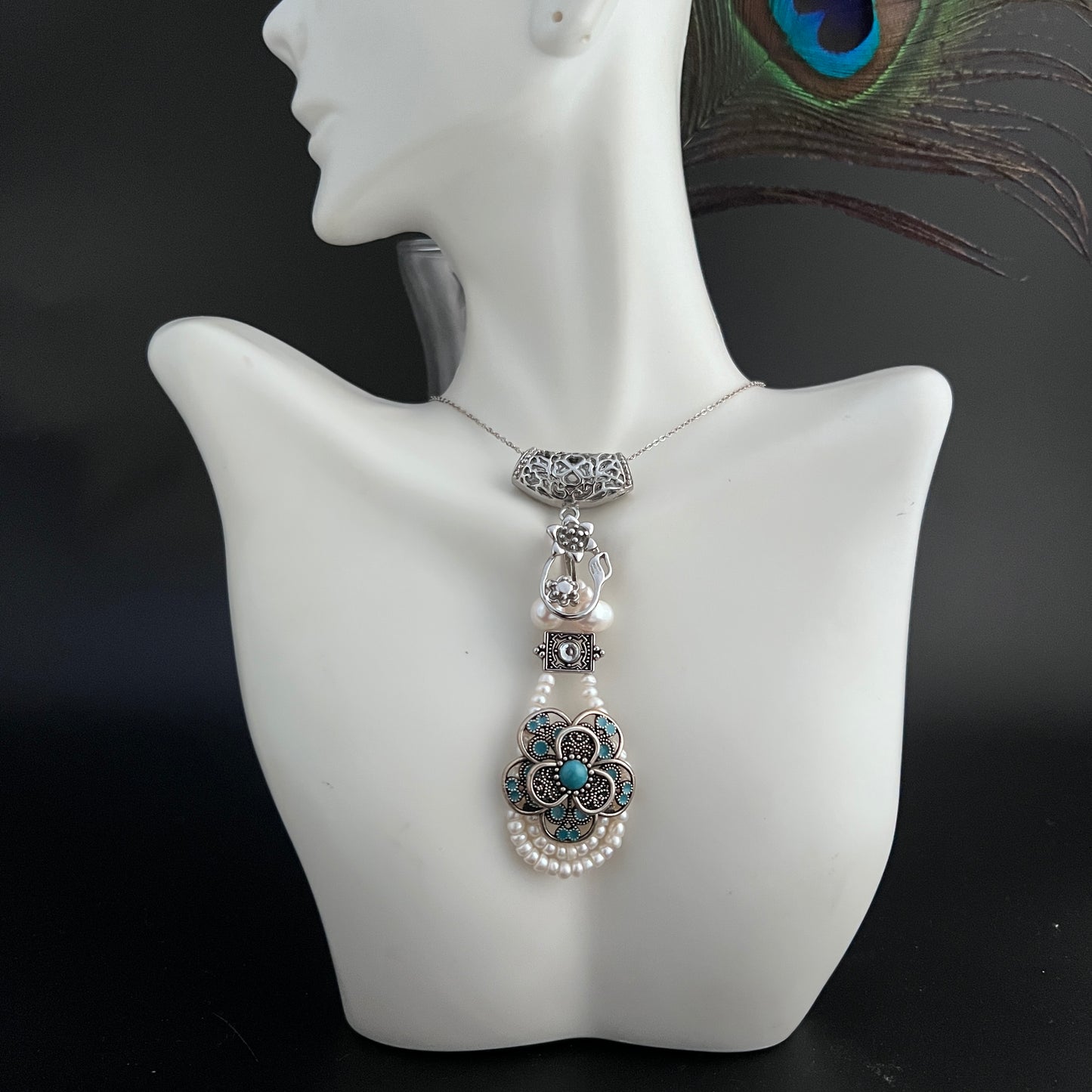 Seed Pearl flower Pewter Pendant