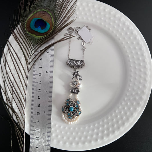 Seed Pearl flower Pewter Pendant