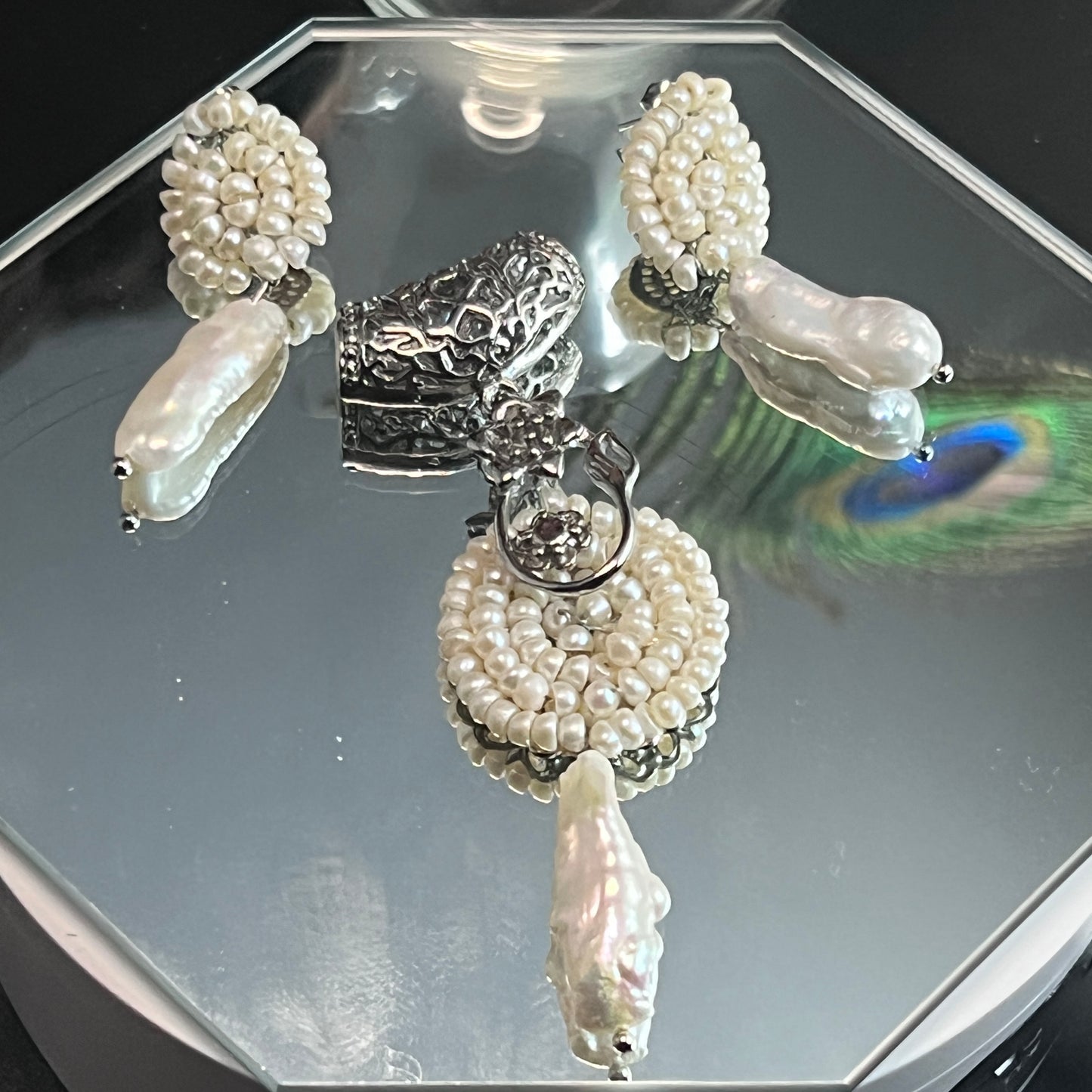 Keshi and Seed Pearl Earring and Pendant Set