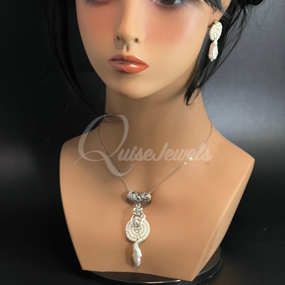 Keshi and Seed Pearl  Earring and Pendant Set-QuiseJewels