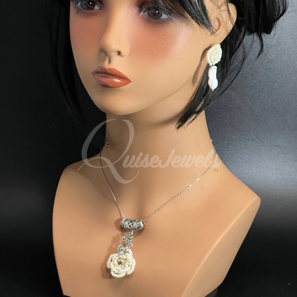 Keshi and Seed Pearl  Earring and Pendant Set-QuiseJewels