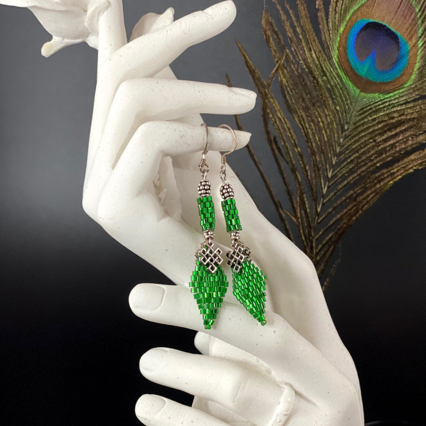 Leaf Shape Beaded Pewter Earrings