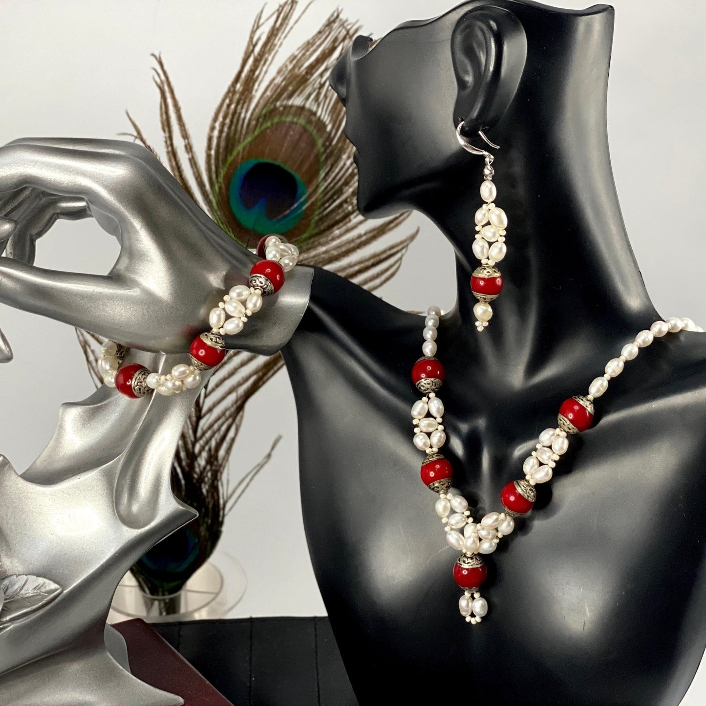 Tibetan Red Jasper and Pearl Set