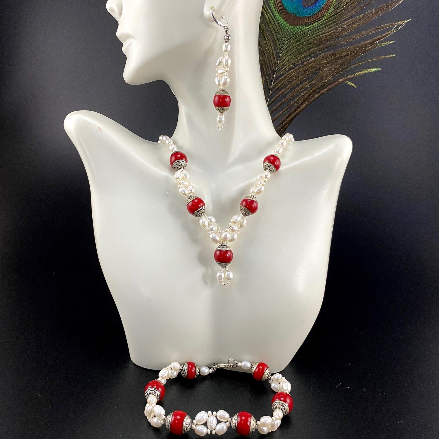 Tibetan Red Jasper and Pearl Set