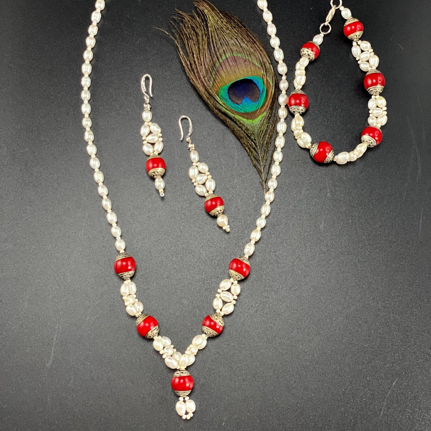 Tibetan Red Jasper and Pearl Set