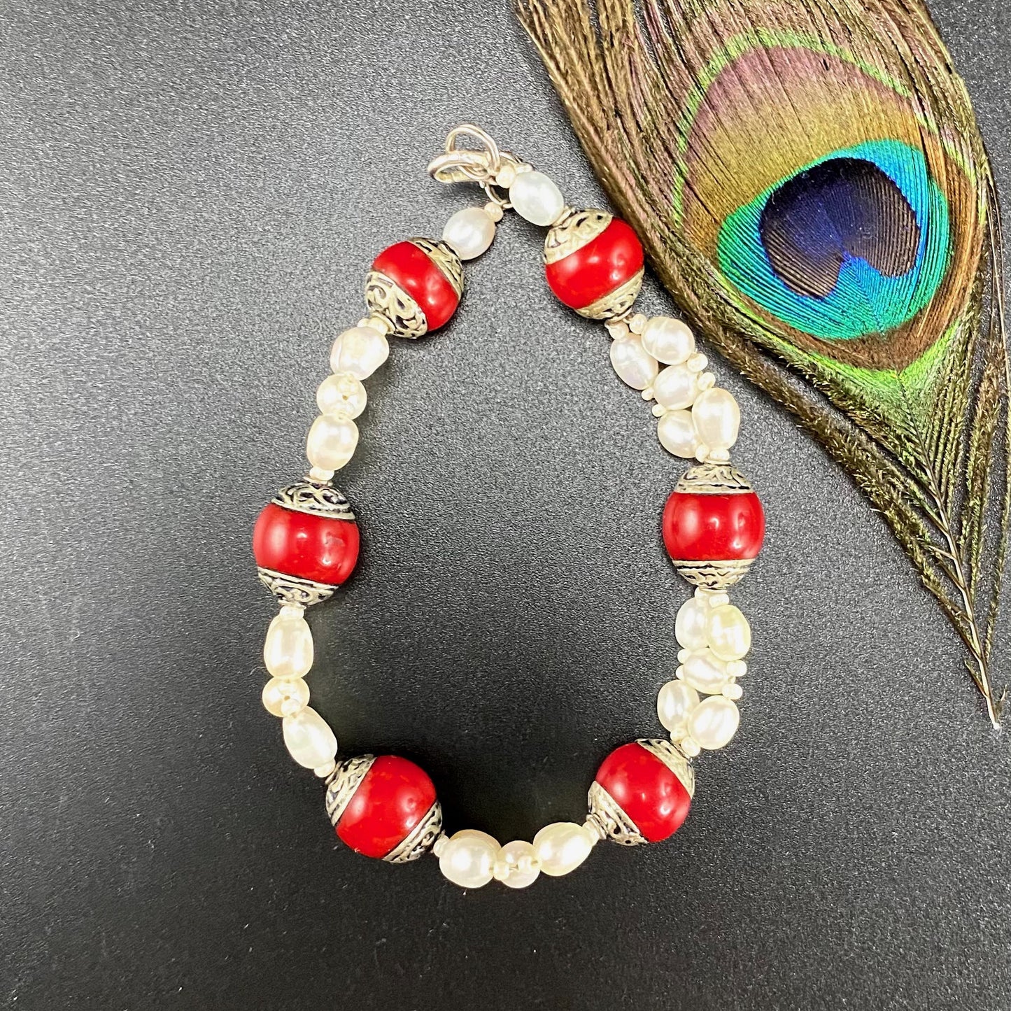 Tibetan Red Jasper and Pearl Bracelet