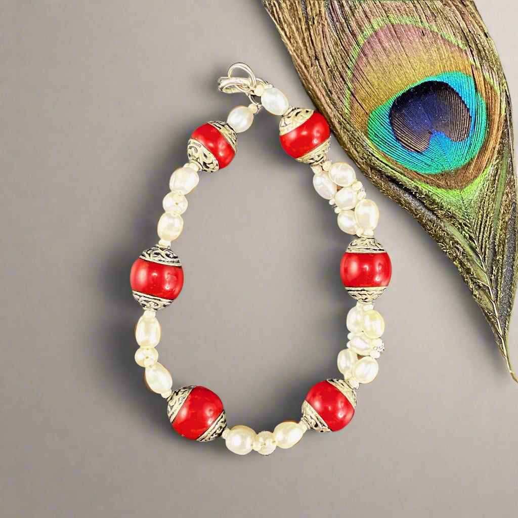 Tibetan Red Jasper and Pearl Bracelet