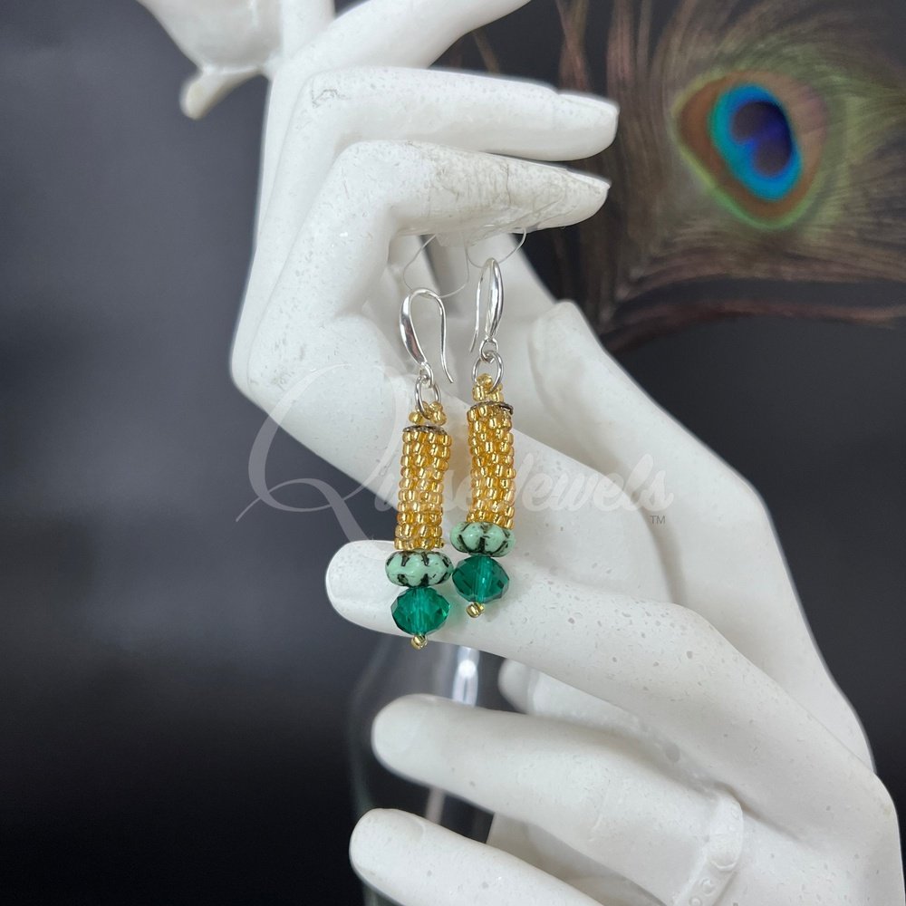 Gold & Green Cylinder Earrings-QuiseJewels