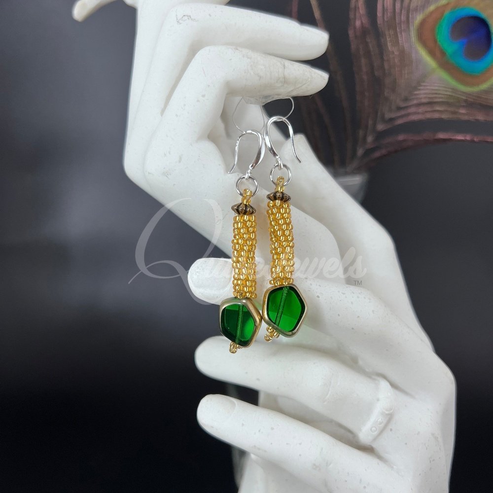 Gold & Green Cylinder Earrings-QuiseJewels