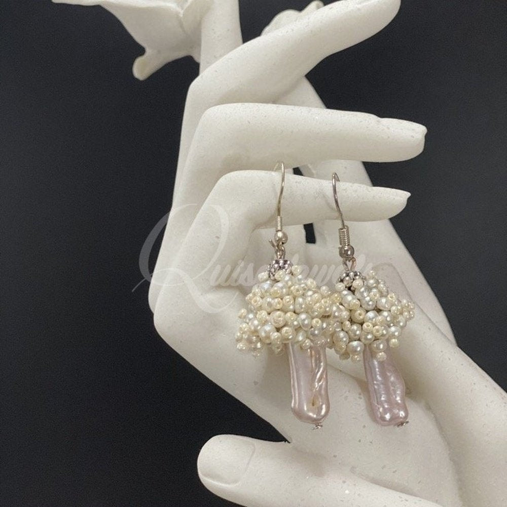 Mushroom Keshi Pearl & Seed Pearl Earrings-QuiseJewels