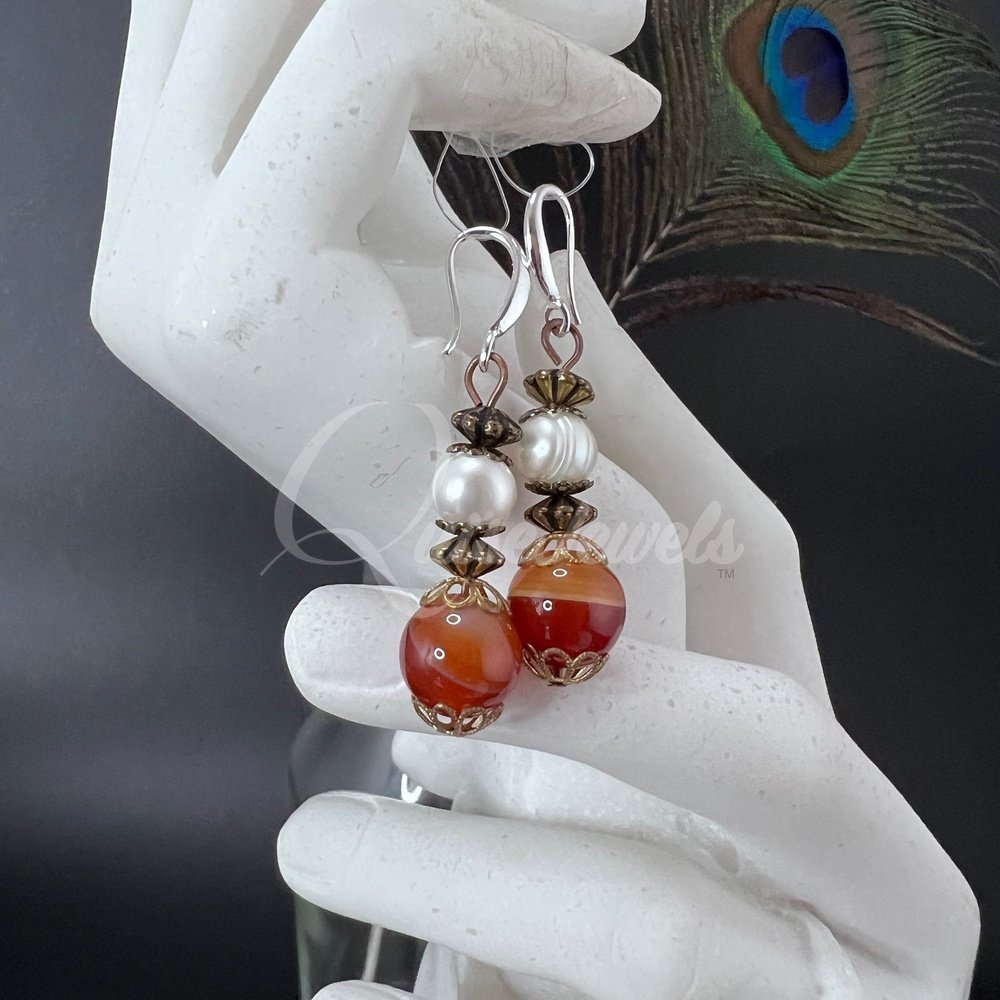 Pearl and Sardonyx Earrings-QuiseJewels