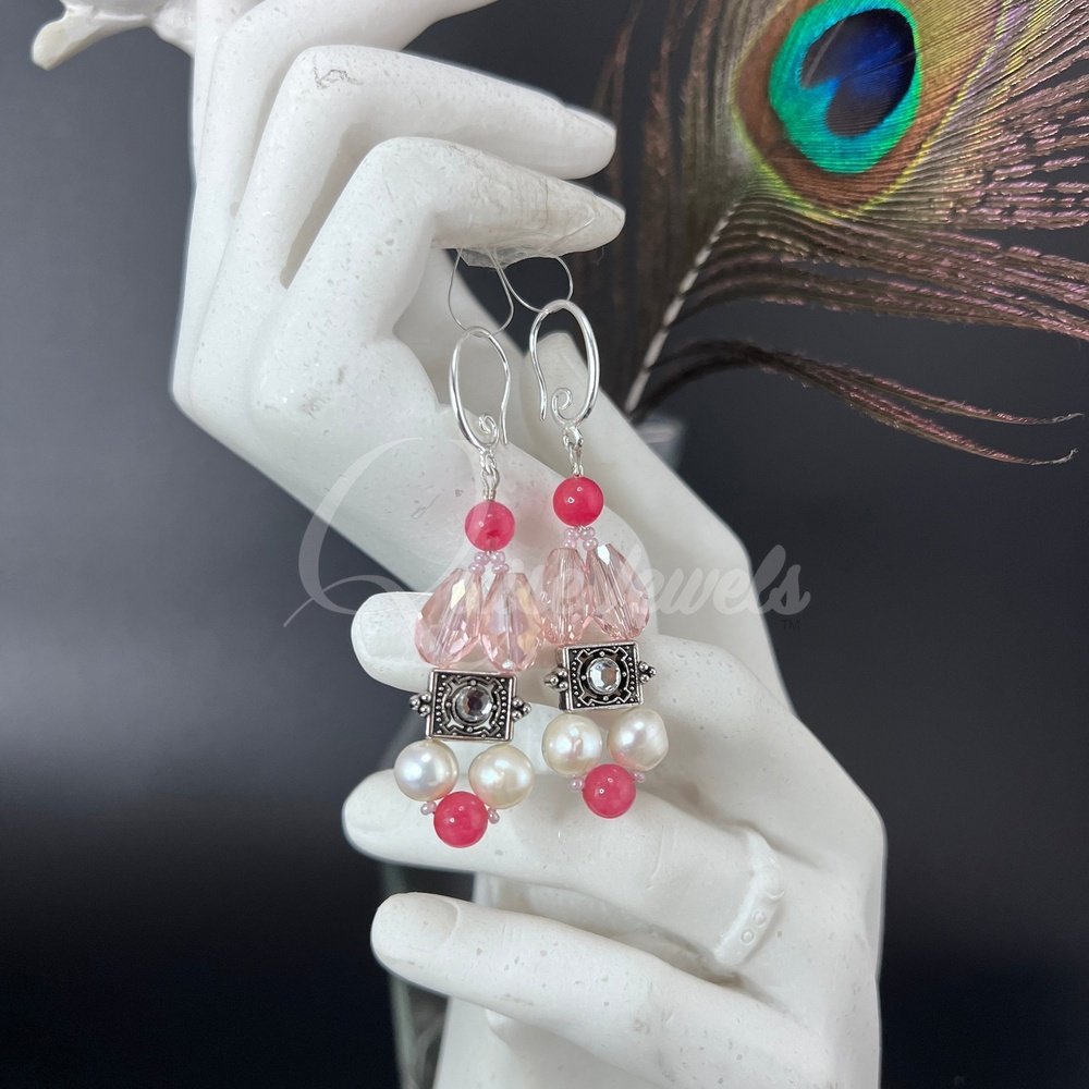 Pink Crystal and Pearl Earrings-QuiseJewels