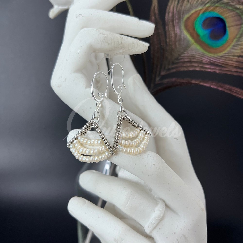 Seed Pearl and pewter Triangle Earrings-QuiseJewels
