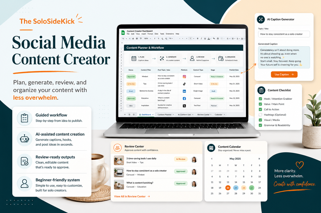 A solo entrepreneur happily creating social media content for their handmade jewelry brand using the SoloSideKick Google Sheets workbook on a laptop, surrounded by crafting tools.