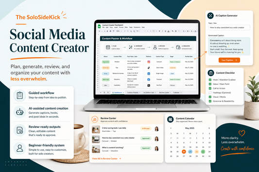 A solo entrepreneur happily creating social media content for their handmade jewelry brand using the SoloSideKick Google Sheets workbook on a laptop, surrounded by crafting tools.