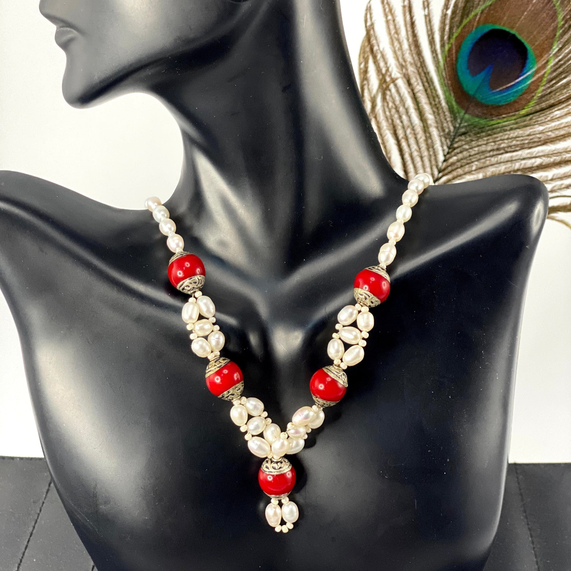 Tibetan Red Jasper and Pearl Necklace
