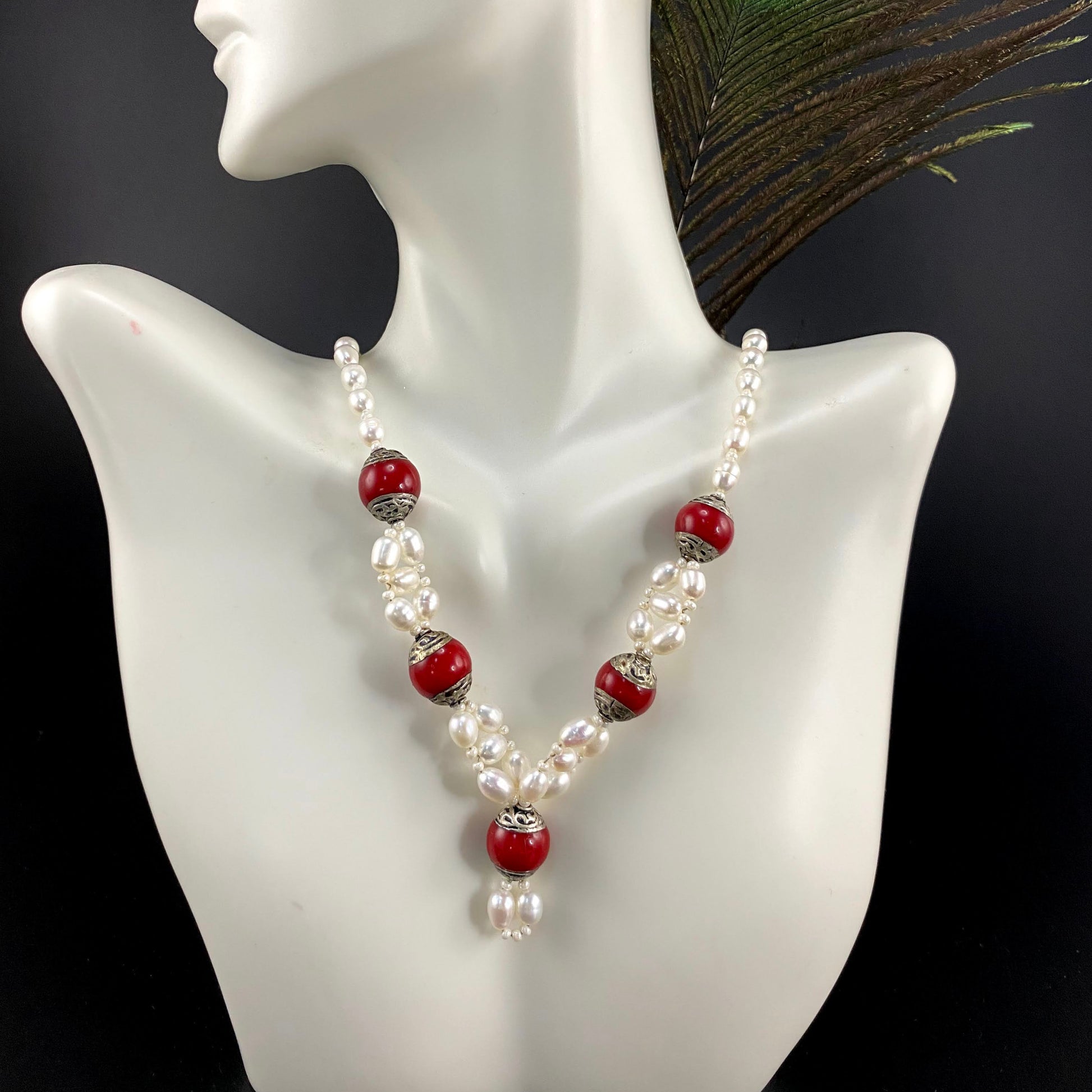 Tibetan Red Jasper and Pearl Necklace