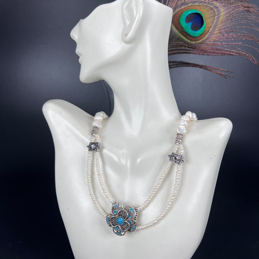 Seed Pearl and Pewter Flower Necklace