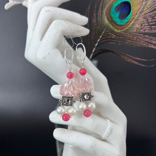 Pink Crystal and Pearl Earrings
