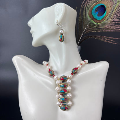 Pearl and Tibetan Beads Single Row Jewelry Set