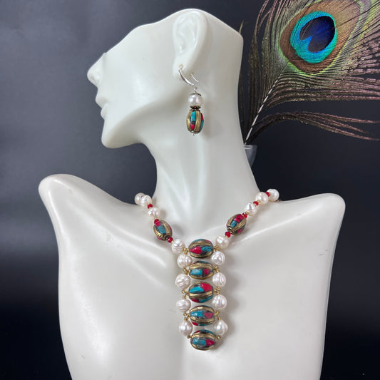 Pearl and Tibetan Beads Single Row Jewelry Set