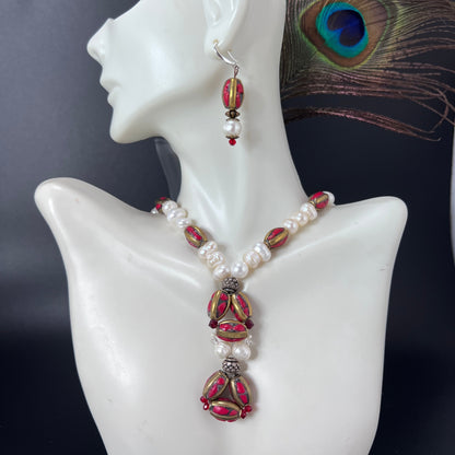 Pearl and Tibetan Beads Single Row Jewelry Set