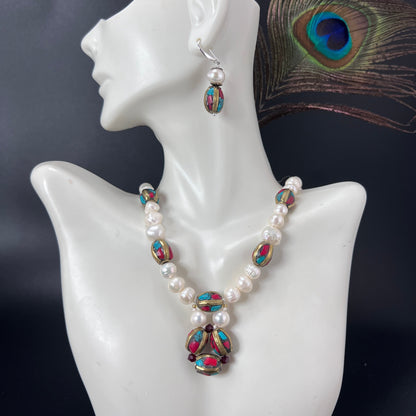 Pearl and Tibetan Beads Single Row Jewelry Set
