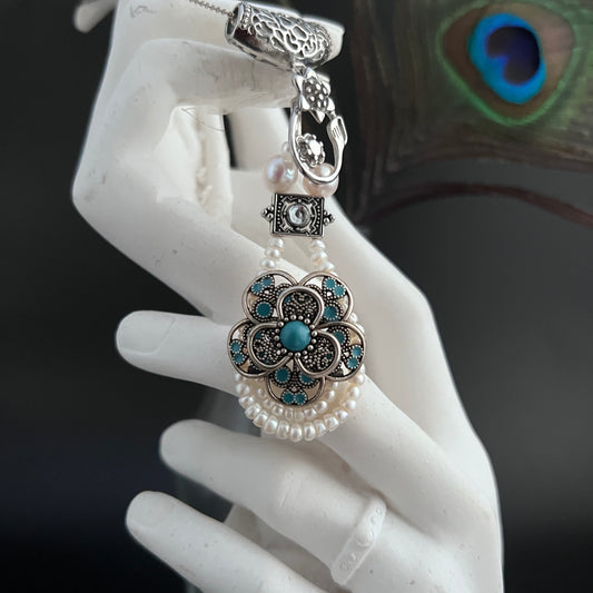 Seed Pearl flower Pewter Pendant