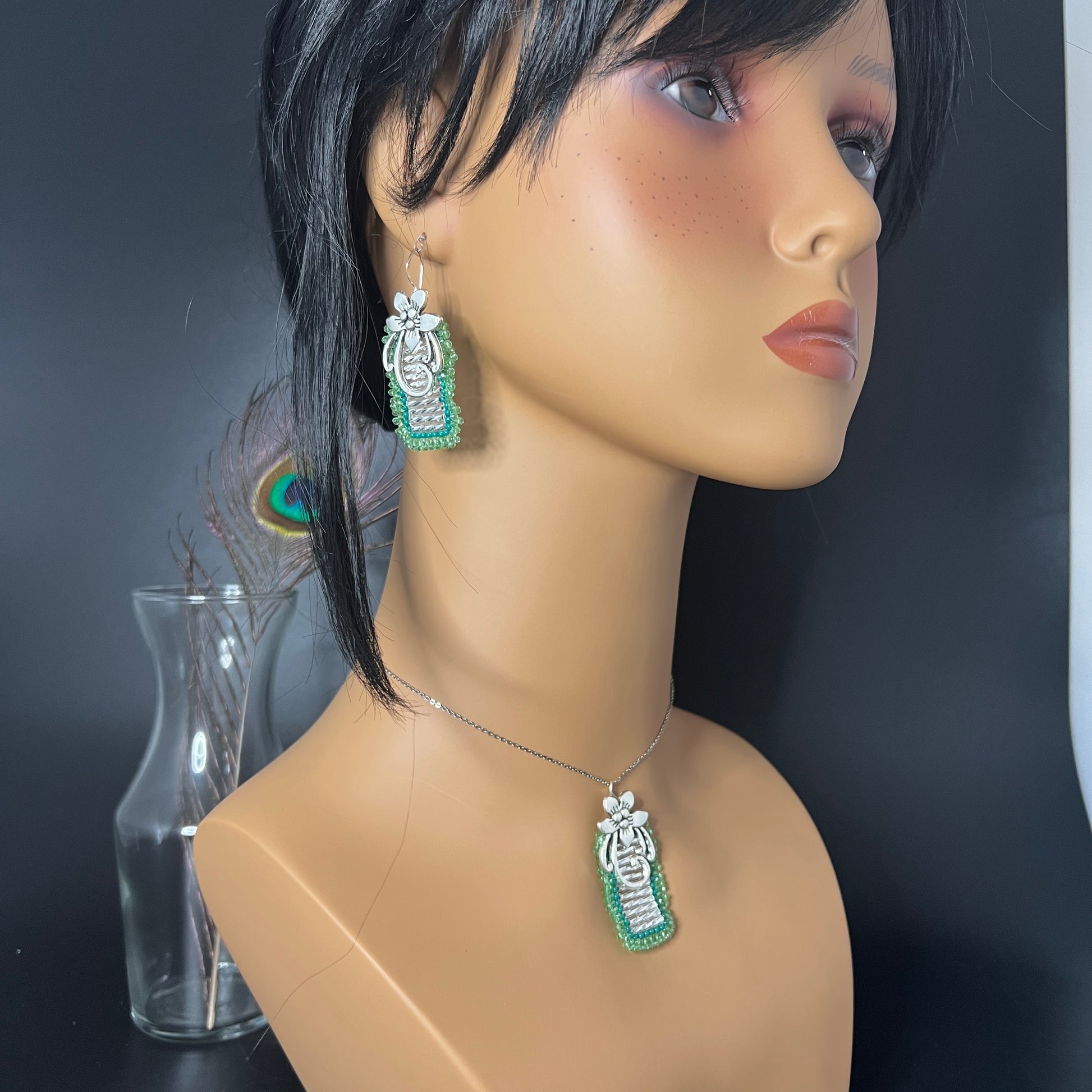 Rectangular Floral Earring and Pendant Set