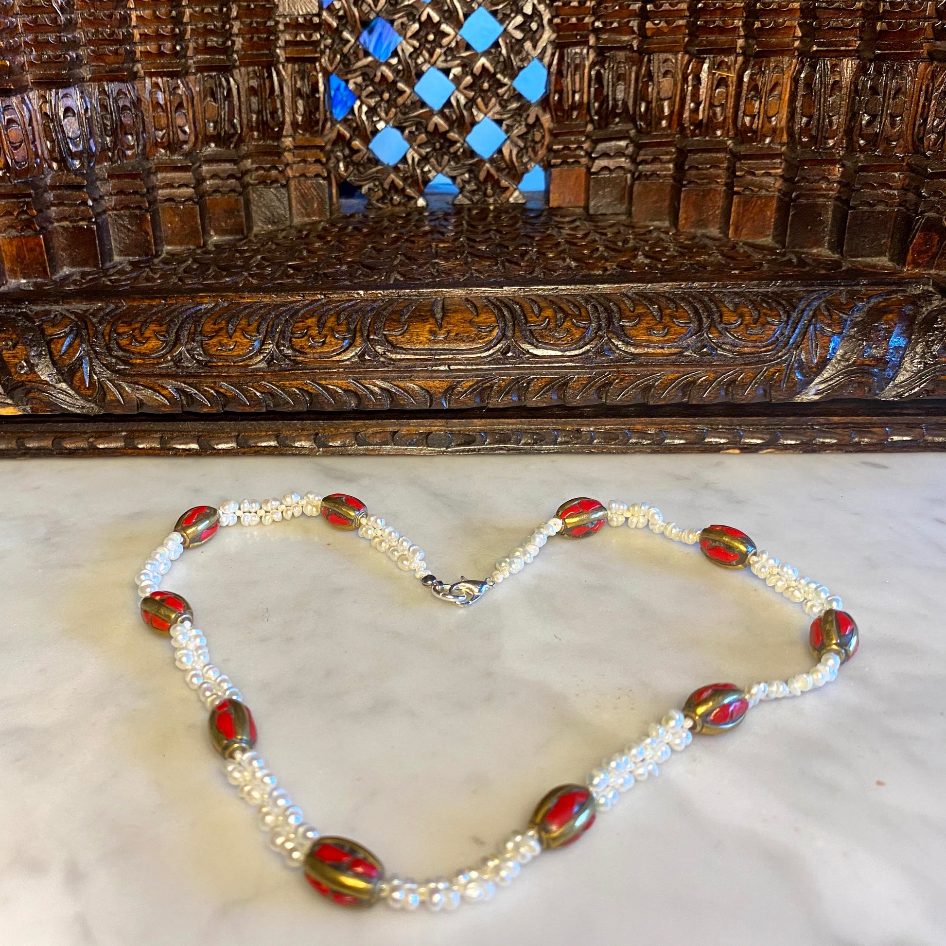 Tibetan Coral and Seed Pearl Necklace
