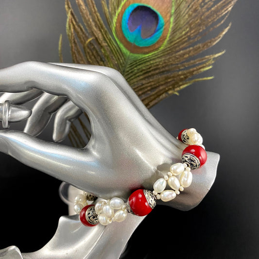 Tibetan Red Jasper and Pearl Bracelet