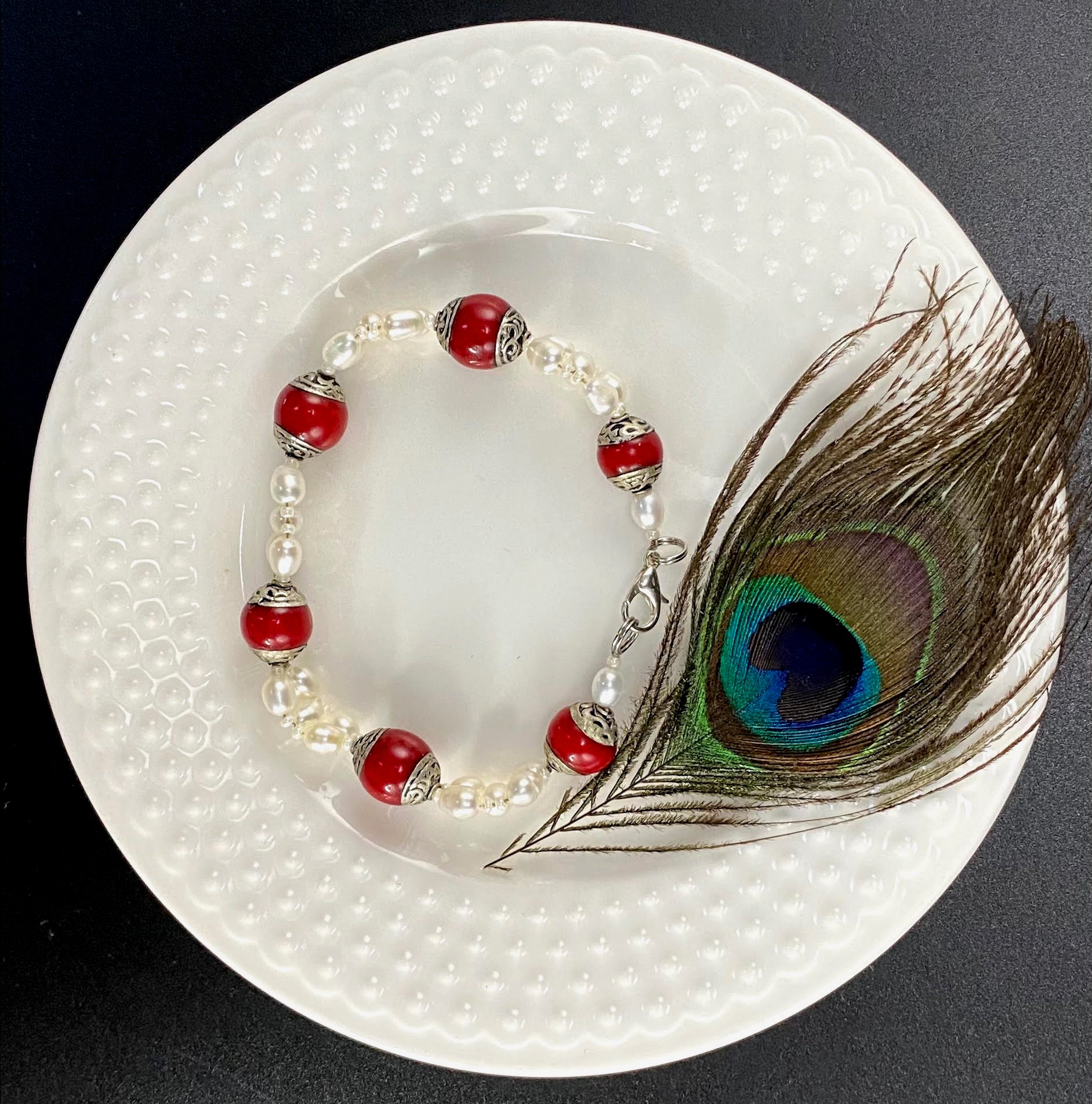 Tibetan Red Jasper and Pearl Bracelet