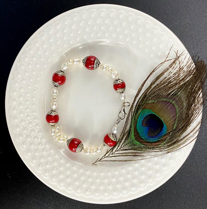 Tibetan Red Jasper and Pearl Bracelet