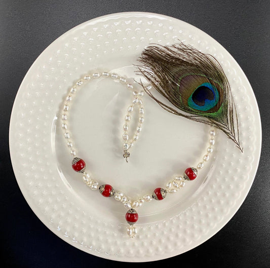 Tibetan Red Jasper and Pearl Necklace