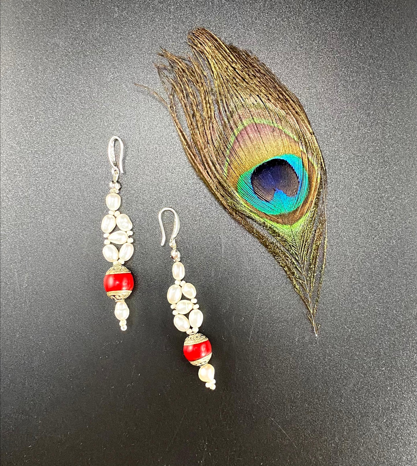 Tibetan Red Jasper and Pearl Earrings
