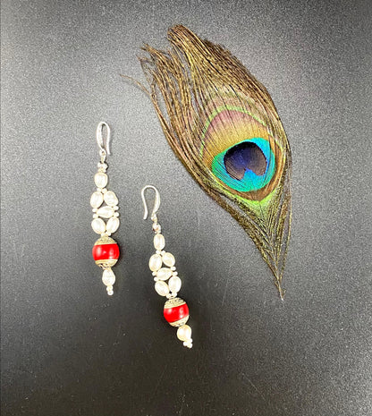 Tibetan Red Jasper and Pearl Earrings