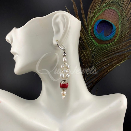 Tibetan Red Jasper and Pearl Earrings