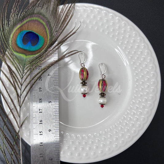 Tibetan RedCoral and Pearl Earrings-QuiseJewels