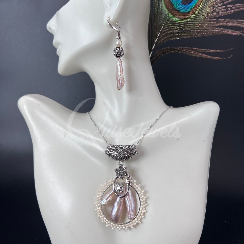 Victorian Style Bridal Triple Pearl Pendant-QuiseJewels